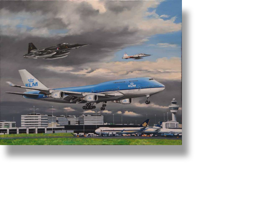 Commissioned work
KLM 747-400 and NF5A/CF5B 
“Last Kisser”
100 x 80 cm